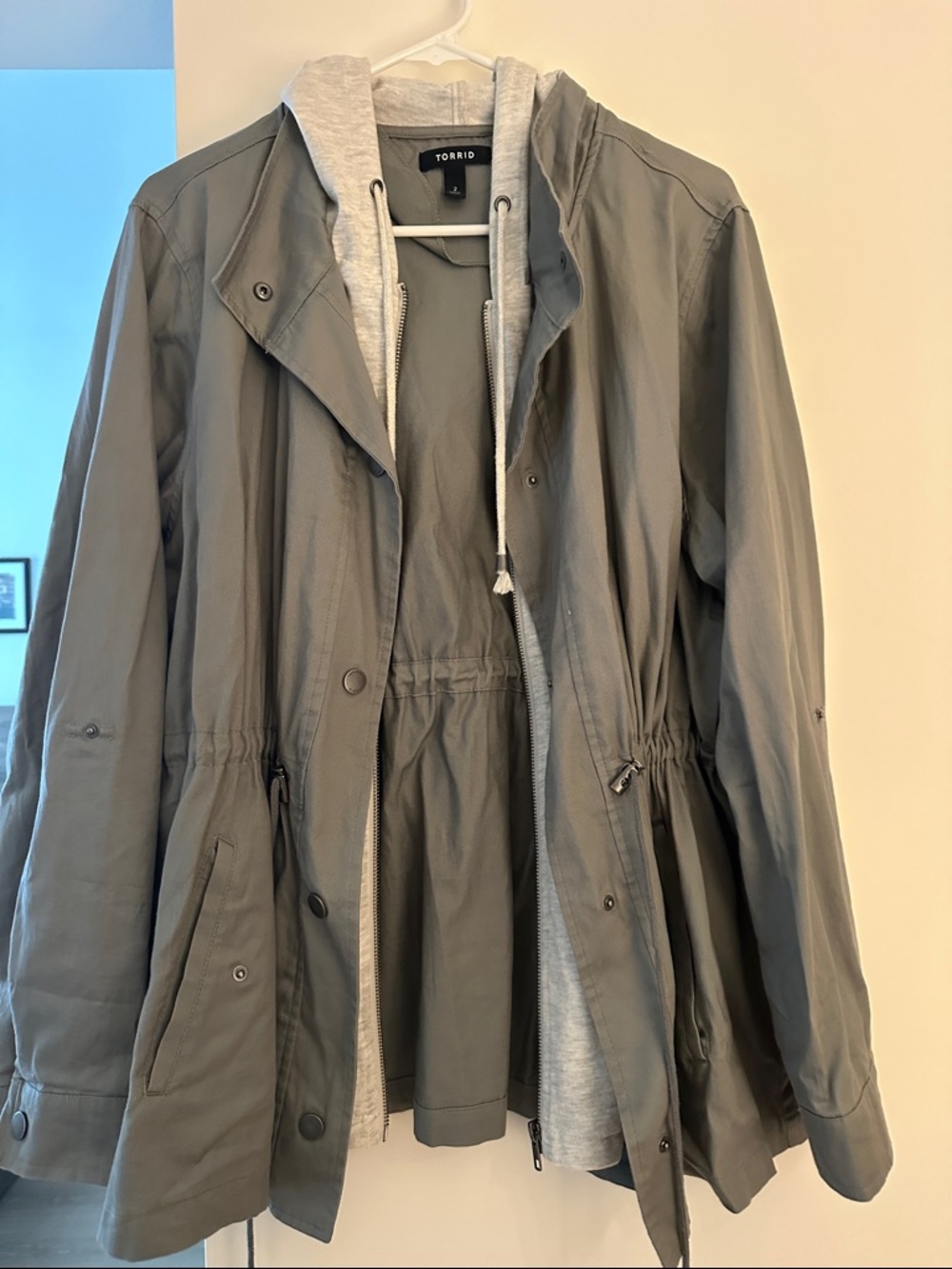 torrid Olive Utility Jacket with Light Gray Hoodie